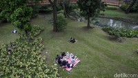 Pengunjung menggelar tikar untuk piknik bersama, menjadikan Tebet Eco Park ruang kebersamaan yang hangat dan menyenangkan.