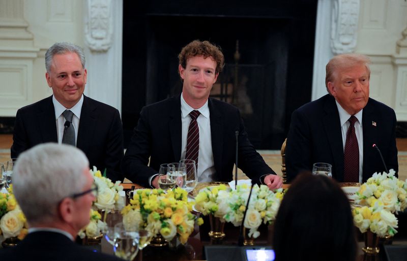 U.S. President Donald Trump, Meta CEO Mark Zuckerberg and White House AI czar David Sacks attend a private dinner for technology and business leaders in the State Dining Room at the White House in Washington, D.C., U.S., September 4, 2025.  REUTERS/Brian Snyder