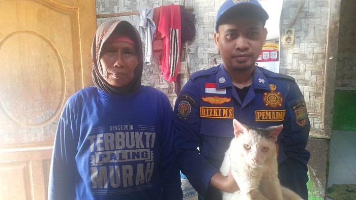 Petugas Damkar Ciamis berhasil menyelamatkan kucing yang jatuh ke dalam sumur yang dalam.
