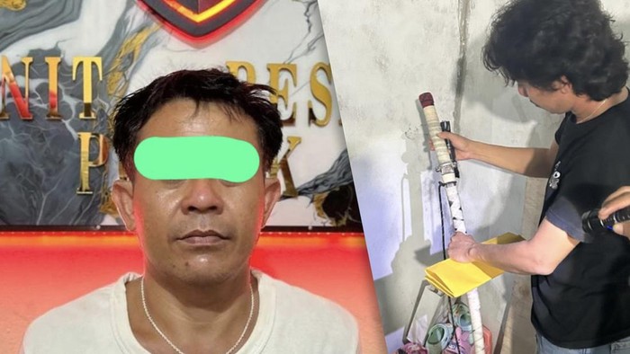 Pelaku dan barang bukti samurai saat diamankan polisi