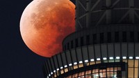 Bulan purnama total di Tokyo Skytree, menara siaran, observasi, dan tempat makan dengan tinggi 634 meter di Sumida, Tokyo, Jepang. Menara ini adalah struktur tertinggi di Jepang dan berfungsi untuk penyebaran siaran digital, sekaligus menjadi daya tarik wisata populer dengan dua dek observasi yang menawarkan pemandangan kota Tokyo yang menakjubkan. Di bagian bawahnya terdapat pusat perbelanjaan besar bernama Tokyo Solamachi.  (AFP/STR)