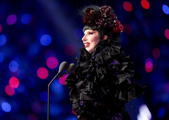 ELMONT, NEW YORK - SEPTEMBER 07: Lady Gaga accepts the “Artist of the Year” award onstage during the 2025 MTV Video Music Awards at UBS Arena on September 07, 2025 in Elmont, New York. (Photo by Kevin Kane/Getty Images)