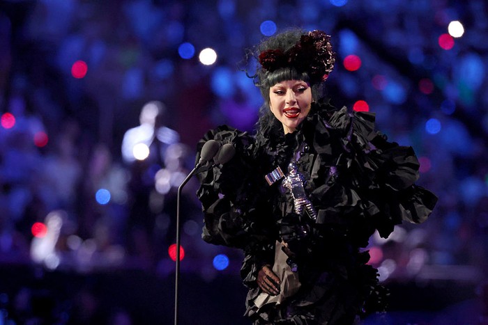 ELMONT, NEW YORK - SEPTEMBER 07: Lady Gaga accepts the “Artist of the Year” award onstage during the 2025 MTV Video Music Awards at UBS Arena on September 07, 2025 in Elmont, New York. (Photo by Kevin Kane/Getty Images)