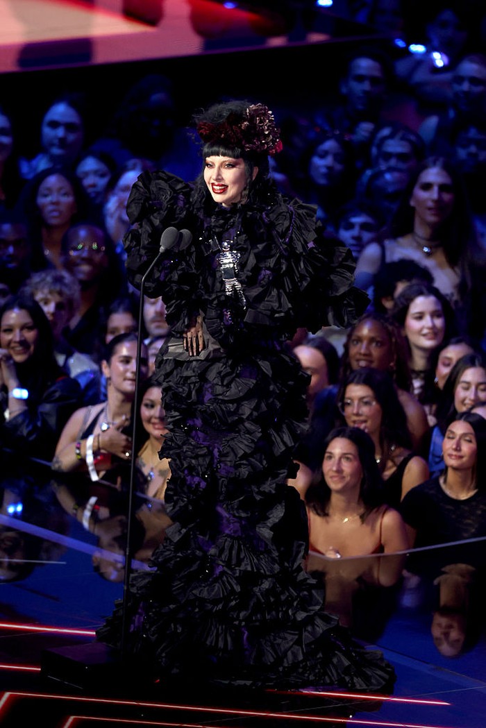 ELMONT, NEW YORK - SEPTEMBER 07: Lady Gaga accepts the “Artist of the Year” award onstage during the 2025 MTV Video Music Awards at UBS Arena on September 07, 2025 in Elmont, New York. (Photo by Kevin Kane/Getty Images)