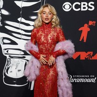 Pelantun Please Please Please itu tampil memukau dalam gaun transparan berwarna merah rancangan Valentino, dihiasi detail renda yang elegan.  Foto: WireImage/Taylor Hill