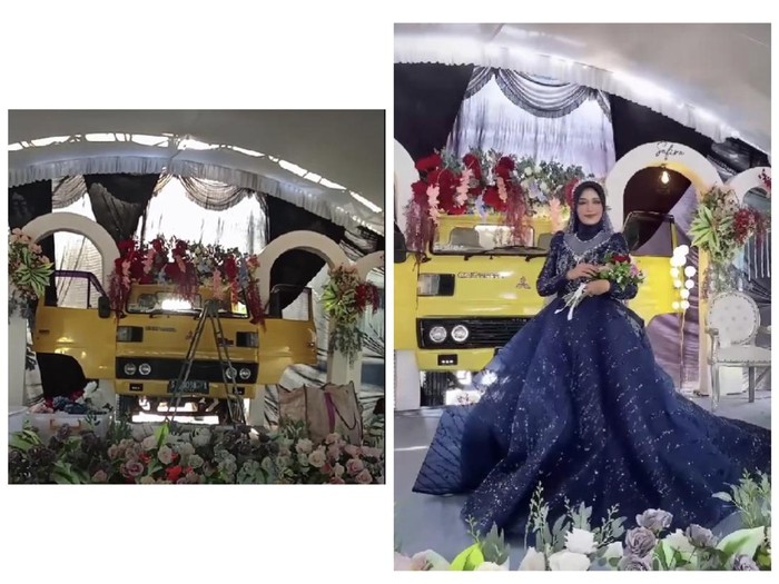 Suasana pernikahan unik di Bojonegoro, Jawa Timur, mempelai pria menjadikan truk kuning kesayangannya untuk menjadi dekorasi di atas pelaminan. Unggahan momen pernikahan itu langsung viral di TikTok.