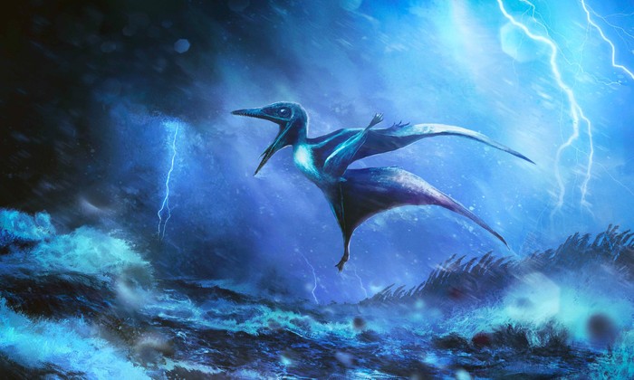 Ilustrasi Pterodactylus antiquus terjebak badai.