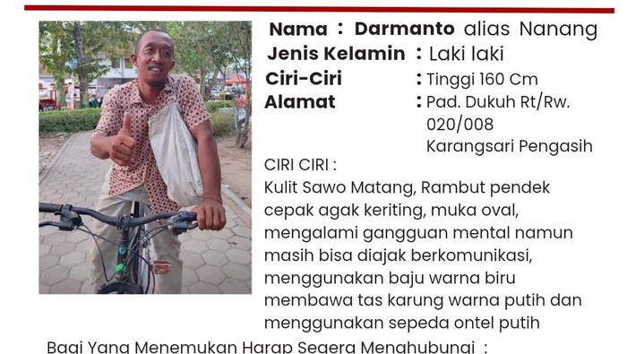 Informasi terkait hilangnya Darmanto alias Nanang warga Kulon Progo.