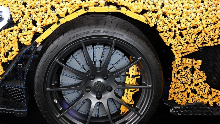 A car made of Lego bricks is displayed during the press and media day of the IAA auto show in Munich, Germany, September 8, 2025. REUTERS/Angelika Warmuth