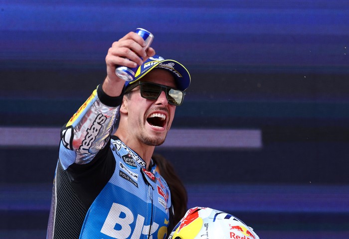 MotoGP - Catalunya Grand Prix - Circuit de Barcelona, Barcelona, Spain - September 7, 2025 BK8 Gresini Racing MotoGPs Alex Marquez celebrates on the podium after winning the MotoGP race REUTERS/Albert Gea