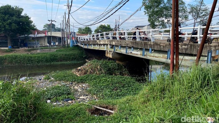 Penampakan sampah dan rumput iar tertahan sedimentasi Sungai Citarik.