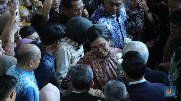 Suasana pelepasan mantan Menteri Keuangan Sri Mulyani di Kantor Kementerian Kuangan, Jakarta, Selasa (9/9/2025). (CNBC Indonesia/Tri Susilo)