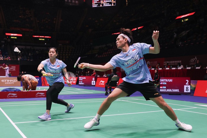 Pasangan ganda campuran Indonesia Adnan Maulana/Indah Cahya Sari Jamil di Hong Kong Open 2025.