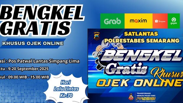 Layanan servis kendaraan gratis yang digelar Polrestabes Semarang untuk driver ojol di Simpang Lima Kota Semarang, Rabu (10/9/2025).