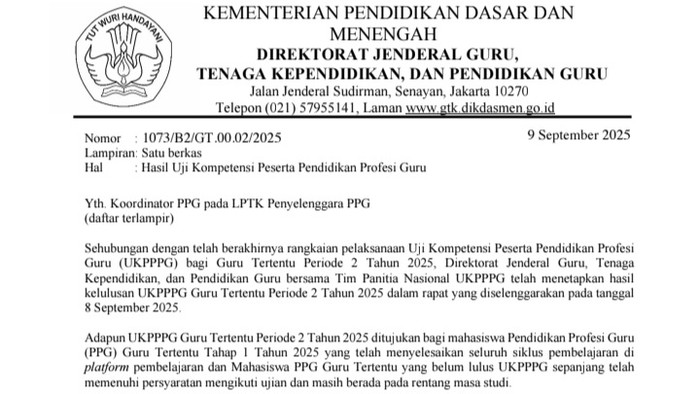 Pengumuman hasil UKPPPG bagi mahasiswa PPG Tahap 1 2025 terbaru, Rabu (10/9/2025).
