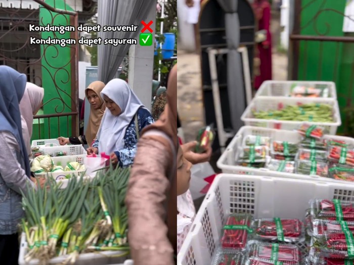 Pengantin menyediakan aneka sayuran segar untuk dibawa pulang oleh tamu undangan sebagai souvenir, bikin emak-emak kalap. Suasana pernikahan di Pekalongan, Jawa Tengah itu langsung viral di media sosial.