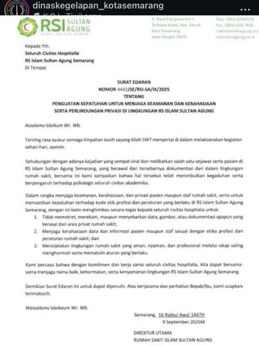 Surat edaran tentang penguatan kepatuhan menjaga kerahasiaan di lingkungan RSI Sultan Agung yang viral di media sosial. Foto diunggah Rabu (10/9/2025).