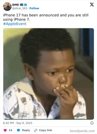 Apple baru saja mengeluarkan iPhone 17 series. Meme iPhone pun lagi-lagi muncul.