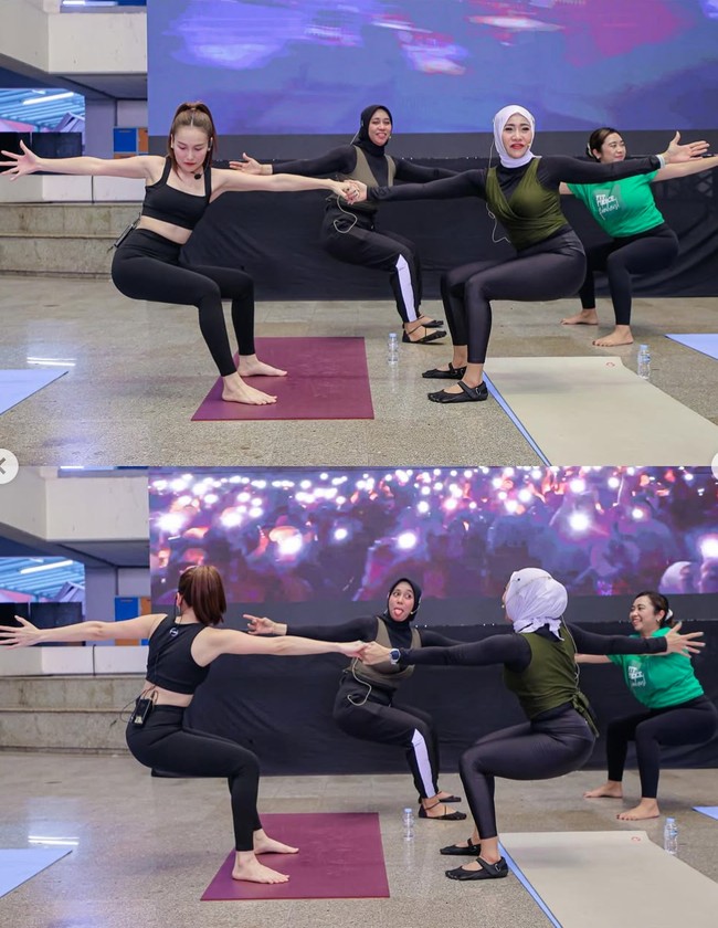 Ayu juga terlihat kompak dengan para instruktur lain. Seperti dalam foto, saat ia bersama instruktur lain harus kompak untuk membentuk pose yang memerlukan keseimbangan. Foto: Instagram/@ayutingting92