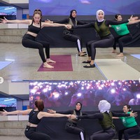 Ayu juga terlihat kompak dengan para instruktur lain. Seperti dalam foto, saat ia bersama instruktur lain harus kompak untuk membentuk pose yang memerlukan keseimbangan. Foto: Instagram/@ayutingting92