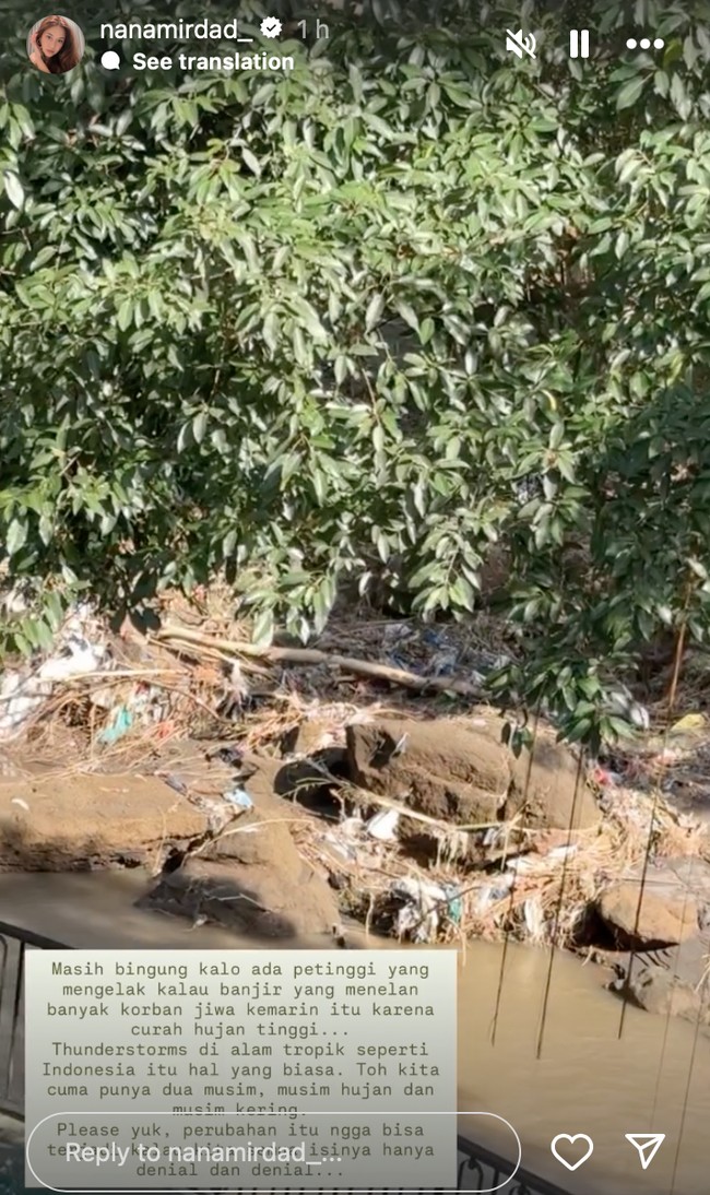 Nana Mirdad baru saja membagikan update mengenai kondisi di sekitar rumahnya usai banjir di Bali. Terlihat banjir di Bali membuat banyak pohon-pohon ikut tumbang dan menyisakan banyak sampah di sekitar sungai. Foto: Instagram
