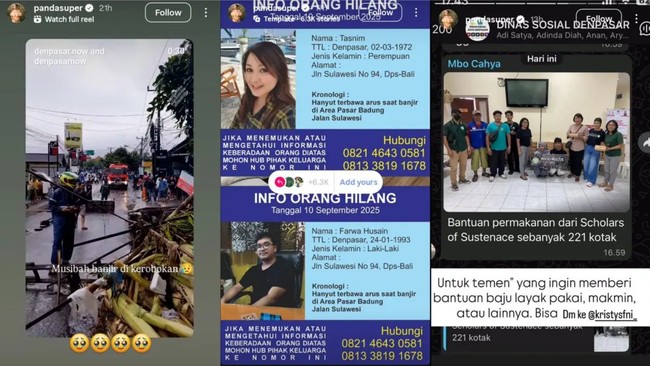 Presenter Cici Panda tak hanya membagikan kondisi banjir di Bali, ia juga turut menyebarkan informasi mengenai orang hilang serta bantuan bagi korban banjir. Foto: Instagram