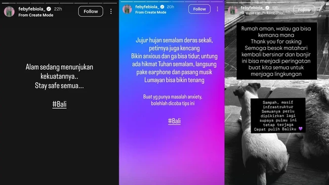 Jadi salah satu artis yang juga tinggal di Bali, Feby Febiola turut membagikan informasi seputar banjir di Bali. Ia menceritakan kondisinya serta keadaan di Bali. Foto: Instagram