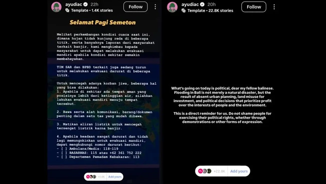 Ayudia Bing Slamet membagikan tips untuk menghadapi banjir. Ia juga turut mengkritik kinerja pemerintah yang dianggap menjadi penyebab banjir di Bali. Foto: Instagram