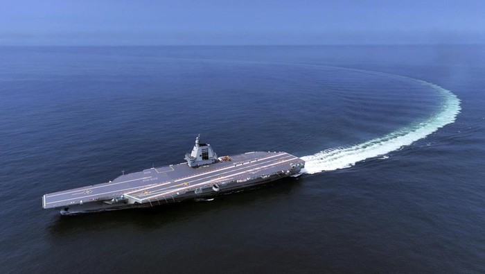 In this photo released by Xinhua News Agency, Chinas third conventionally powered aircraft carrier, the Fujian, conducts a maiden sea trial on May 7, 2024. (Ding Ziyu/Xinhua via AP, File Photo)