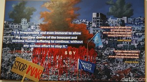 Lain lagi dengan lukisan Setop War yang seakan mengajak pengunjung untuk mencintai perdamaian dunia. Gimana detikers tertarik singgah di Space 8 hingga 28 September? Foto: Tia Agnes/ detikcom