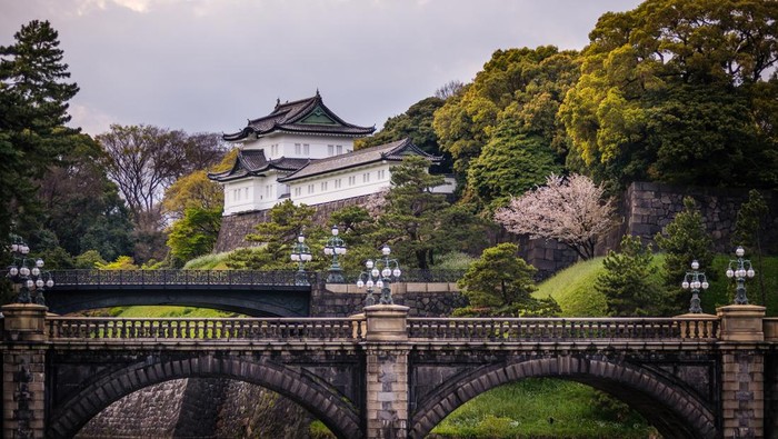 Tokyo, Japan - April 11, 2015: View of the Imperial palace in Tokyo, Japan with the Seimon Ishibashi bridge in the foreground