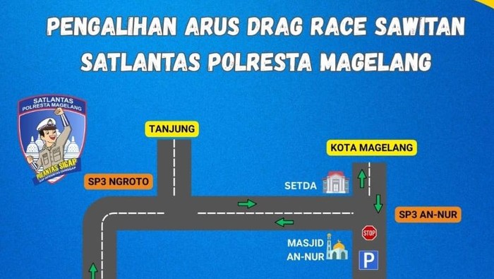 Pengalihan lalu lintas di Sawitan ke Candi Borobudur selama drag race Minggu (14/9/2025).