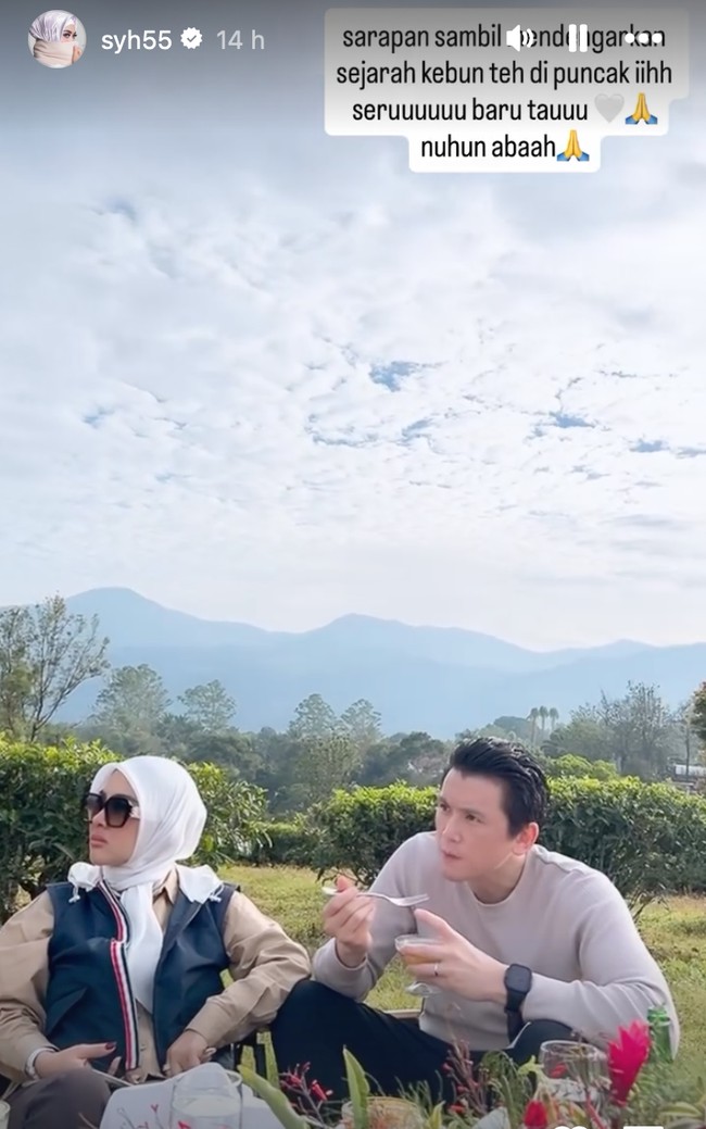 Tampil kompak, Syahrini dan Reino juga kenakan busana senada. Reino tampil dengan kaos lengan panjang berwarna coklat, sementara Syahrini memadukan kemeja lengan panjang coklat dengan vest biru tua. Foto: Instagram/@syh55