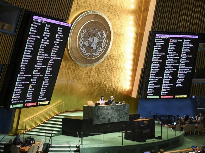Results are displayed during a General Assembly meeting to vote on the two states solution to the Palestinian question at United Nations headquarters (UN) on September 12, 2025 in New York City. The UN General Assembly on Friday adopted the 