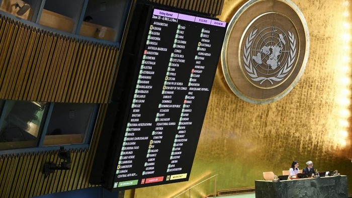 Results are displayed during a General Assembly meeting to vote on the two states solution to the Palestinian question at United Nations headquarters (UN) on September 12, 2025 in New York City. The UN General Assembly on Friday adopted the 