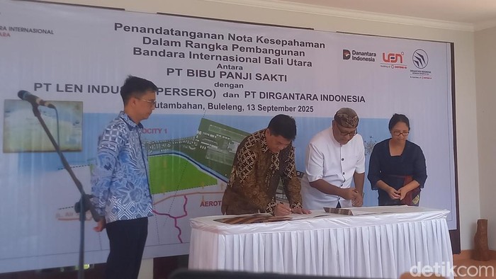 Penandatanganan MoU antara PT BIBU Panji Sakti dengan PT LEN Industri dan PT Dirgantara Indonesia di Desa Bukti, Kecamatan Kubutambahan, Buleleng, Sabtu (13/9/2025).