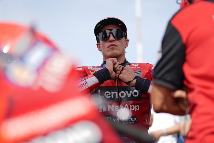 MISANO ADRIATICO, ITALY - SEPTEMBER 13: Ducati Lenovo Team rider Marc Marquez of Spain look on during Sprint Race of MotoGP Of San Marino at Misano World Circuit on September 13, 2025 in Misano Adriatico, Italy. (Photo by Danilo Di Giovanni/Getty Images)