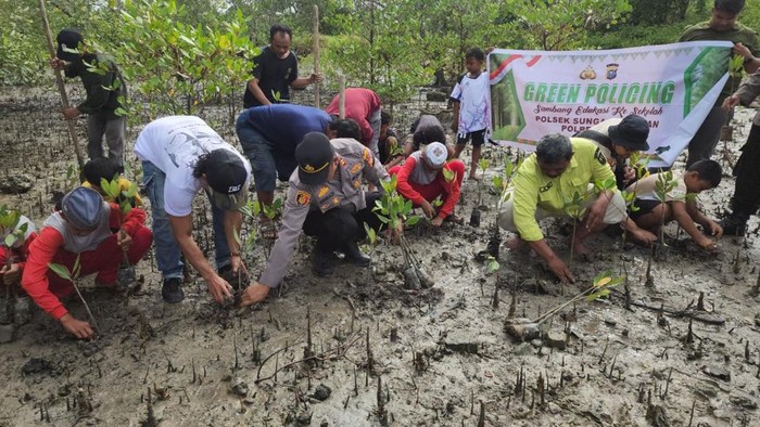 Polisi dan siswa SD menanam mangrove di pinggir pantai di Dumai.
