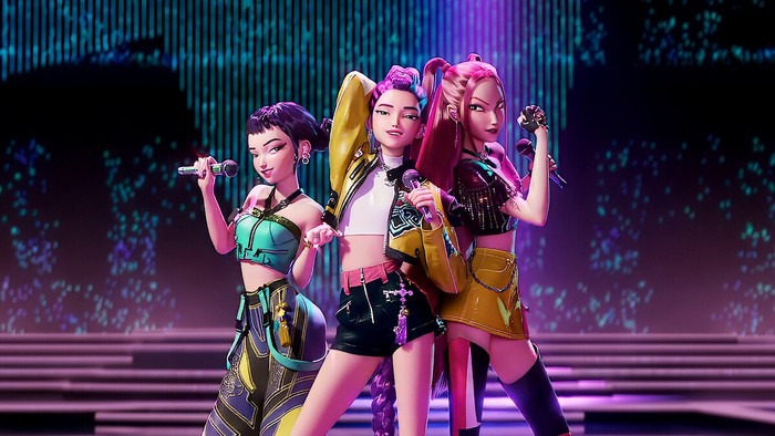 Girlband HUNTR/X dalam film K-Pop Demon Hunters.