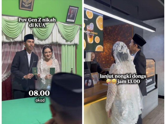 Pernikahan simpel ala gen z mendadak jadi sorotan, pagi hari melangsungkan akad nikah. Begitu siangnya langsung nongkrong di kafe. Video tersebut langsung viral di media sosial.