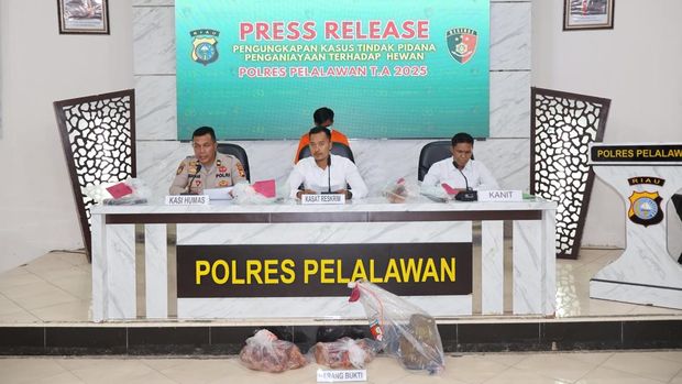 Polres Pelalawan membongkar praktik perdagangan daging anjing dan menangkap seorang tersangka, Senin (15/9/2025).