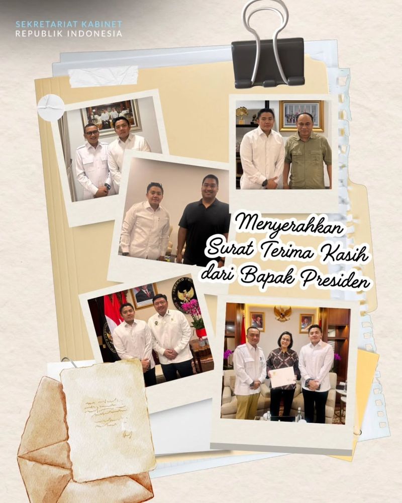 Prabowo Subianto mengirimkan surat khusus untuk 5 menteri Kabinet Merah Putih yang terkena reshuffle. Surat tersebut disampaikan melalui Sekretaris Kabinet Letkol Teddy Indra Wijaya. (Dok Sekretariat Kabinet).