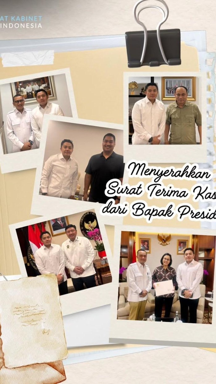 Prabowo Subianto mengirimkan surat khusus untuk 5 menteri Kabinet Merah Putih yang terkena reshuffle. Surat tersebut disampaikan melalui Sekretaris Kabinet Letkol Teddy Indra Wijaya. (Dok Sekretariat Kabinet).