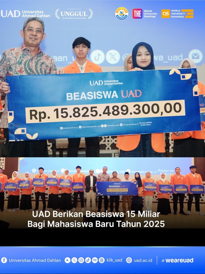 Universitas Ahmad Dahlan memberi beasiswa kepada ratusan mahasiswa baru 2025. Nilainya mencapai Rp 15,8 miliar. Foto diunggah Selasa (16/9/2025).