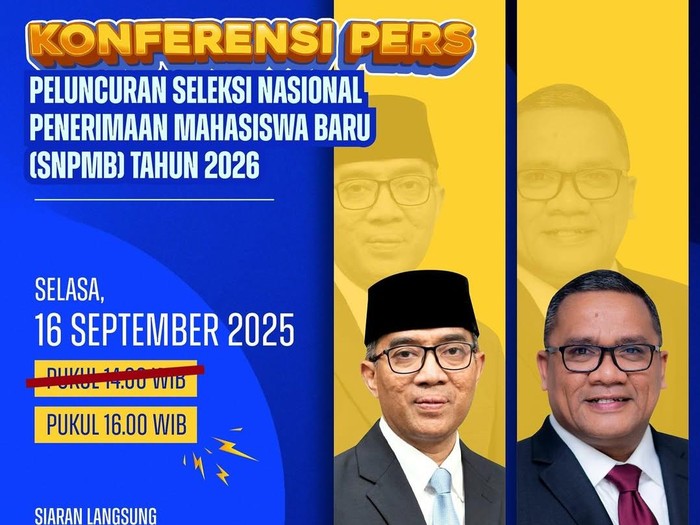 Pengumuman dan peluncuran SNPMB 2026 digelar Selasa, 16 September 2025 pukul 16.00 WIB.