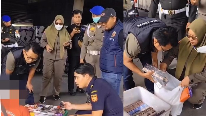 Petugas dari Bea Cukai Surabaya dan Satpol PP Surabaya merazia pedagang rokok ilegal di Surabaya Selatan