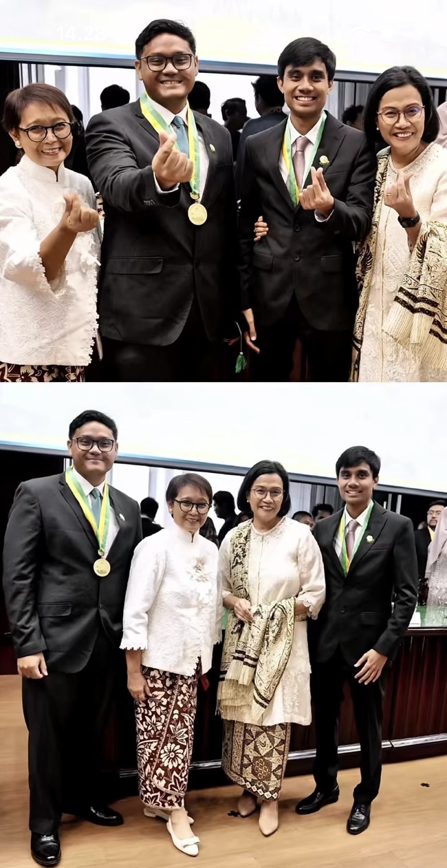 Retno dan Sri Mulyani tampil kompak kenakan kebaya bernuansa coklat. Sementara kedua putra mereka tampil gagah dengan setelan jas hitam. Foto: Instagram/@retno_marsudi