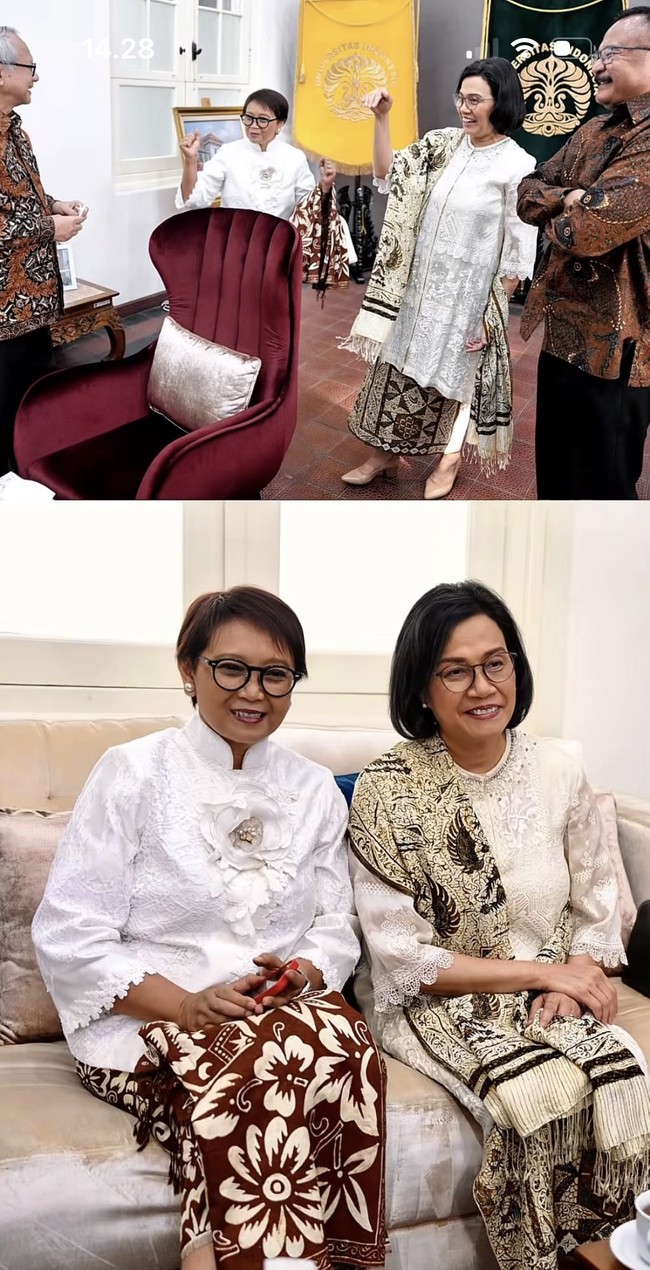Kedua mantan menteri itu memilih tampil simpel dengan rambut pendek yang dibiarkan terurai natural. Riasan wajahnya pun tak berlebihan, minimalis dengan sentuhan lipstik merah keunguan yang membuat tampilannya lebih fresh. Foto: Instagram/@retno_marsudi