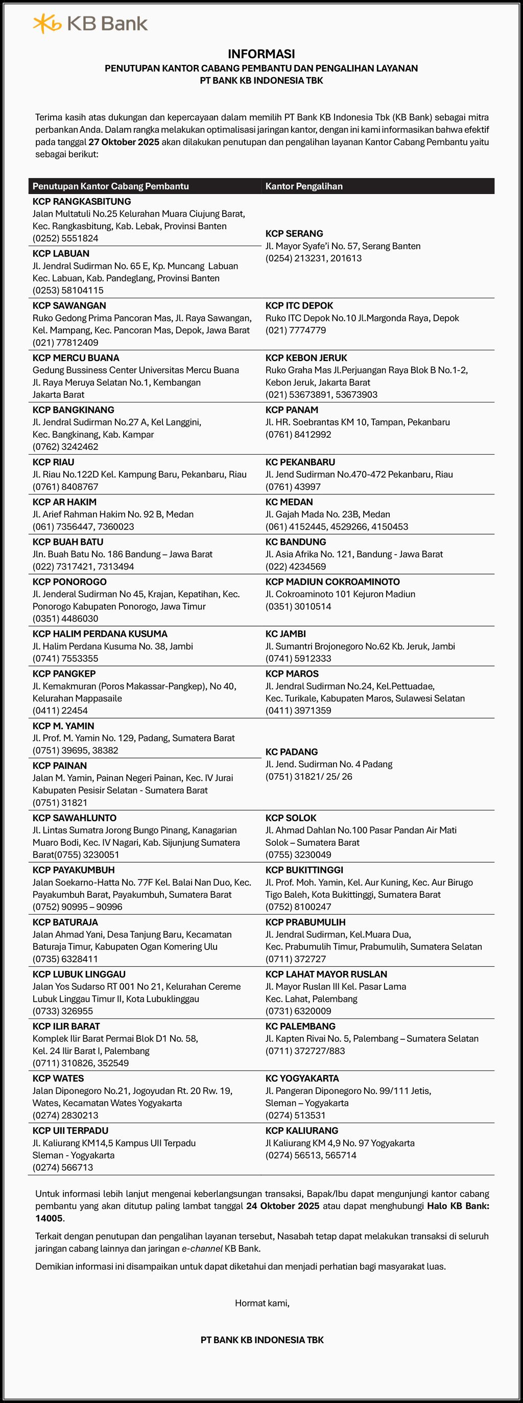 TABEL PENUTUPAN KANTOR CABANG PEMBANTU DAN PENGALIHAN LAYANAN PT BANK KB INDONESIA TBK. (Dok. KB Bank)