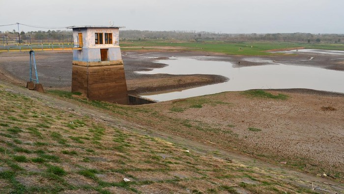 Kondisi Waduk Dawuhan yang airnya menyusut di Kabupaten Madiun, Jawa Timur, Senin (15/9/2025). Waduk yang memiliki daerah irigasi seluas 2.823 hektare sawah tersebut tinggal menyisakan sedikit air dengan sebagian besar dasar waduk mengering hingga tak bisa mengalir ke saluran irigasi akibat musim kemarau.
 ANTARA FOTO/Siswowidodo/nz